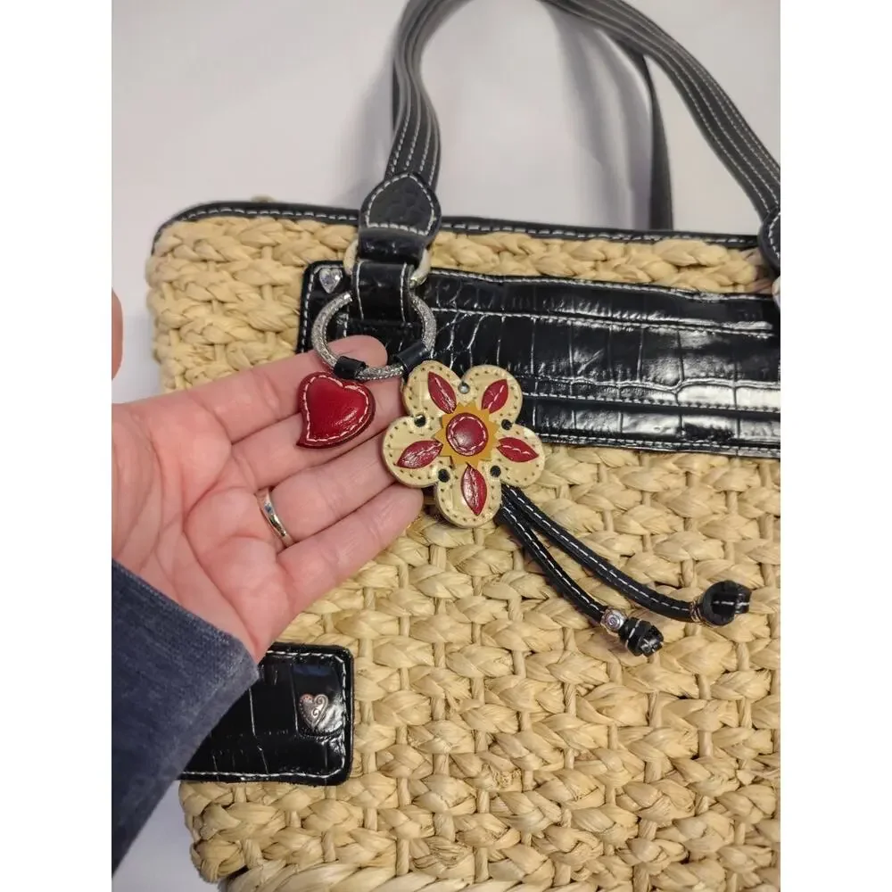 Brighton Straw & Leather Purse Handbag Shoulder Hearts Red Black Tan Summer Boho - Picture 6 of 16